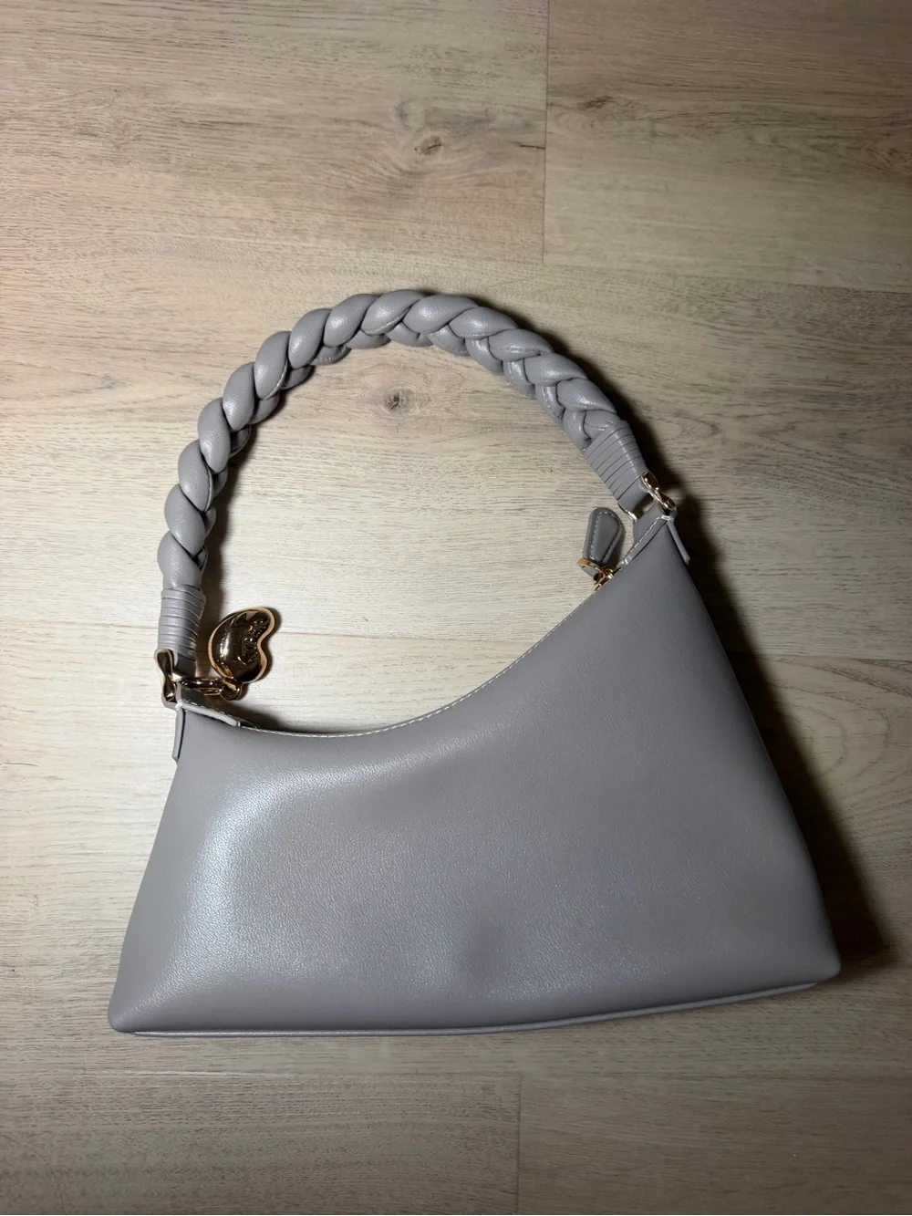 Aupem Soft Gray Braided-Handle Shoulder Bag with Gold Accents